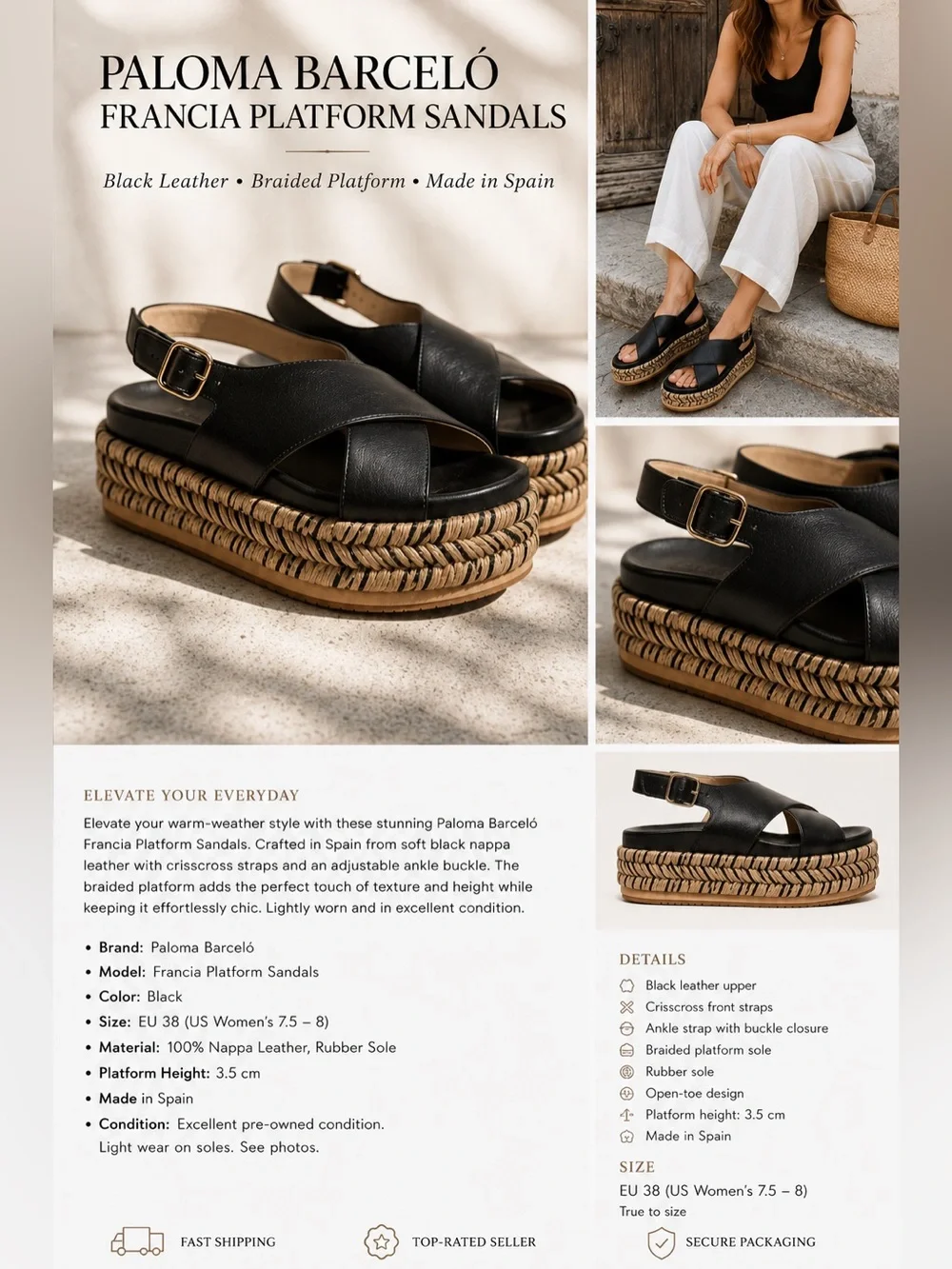 Paloma Barceló Black Leather Espadrille Platform Sandals